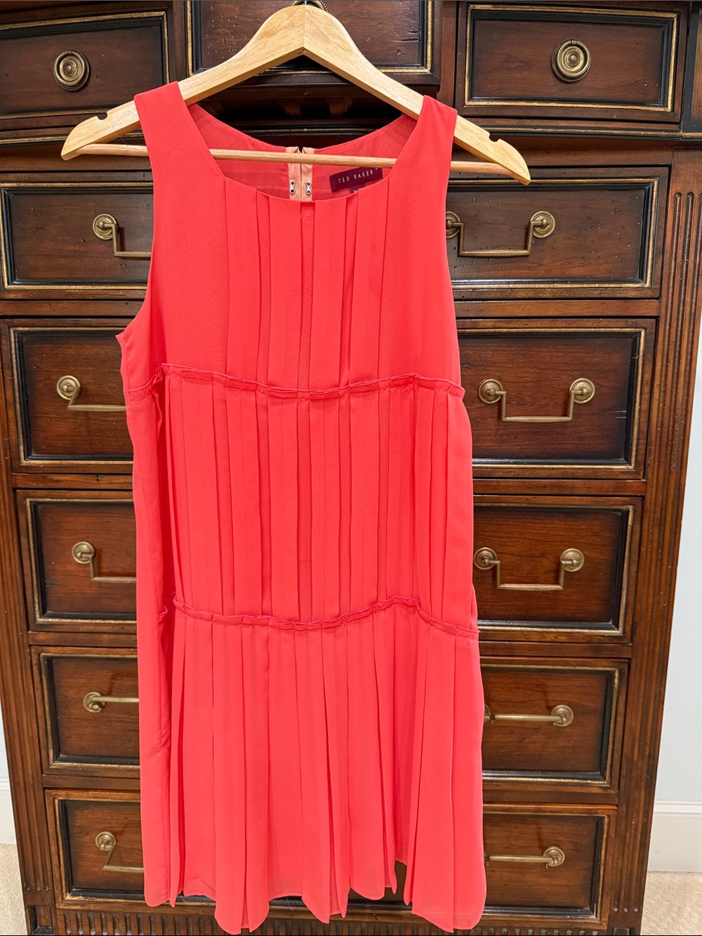 Ted Baker Coral Tiered Pleated Sleeveless Dress